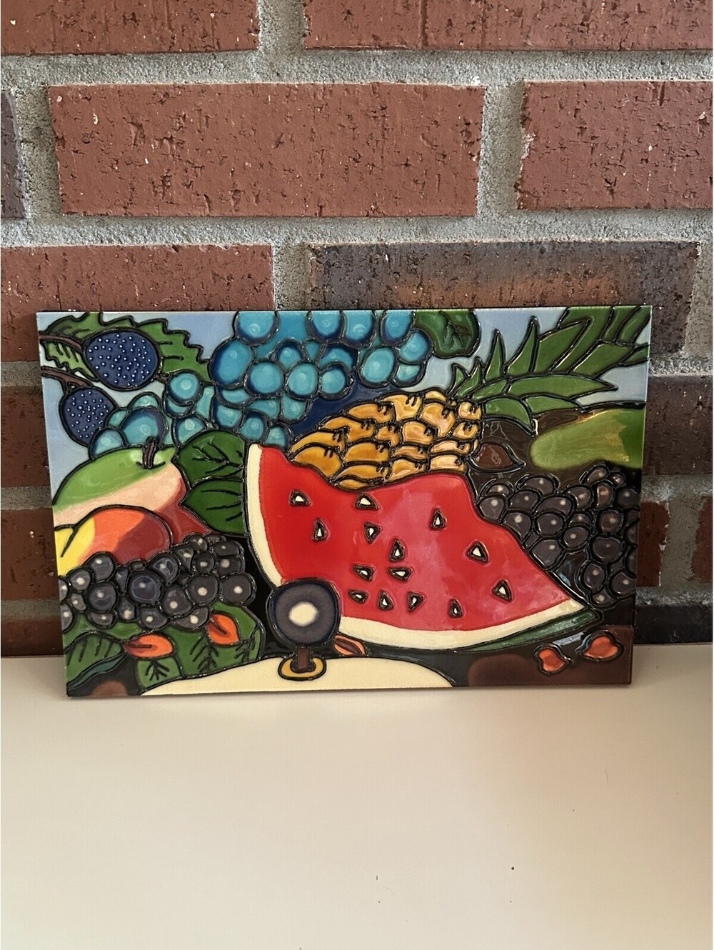 Vintage Large Glazed Razed Tile 3D Wall Hanging Home Decor Fruit Salad Bright